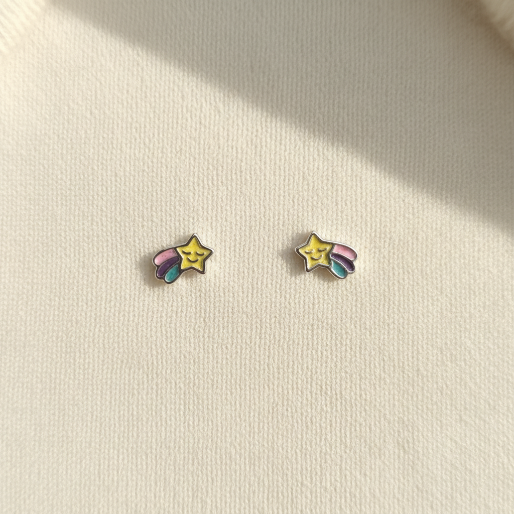Παιδικά Σκουλαρίκια Ασήμι 925 Επιπλατινωμένα - Αστεράκια με Ουράνιο Τόξο και Σμάλτο