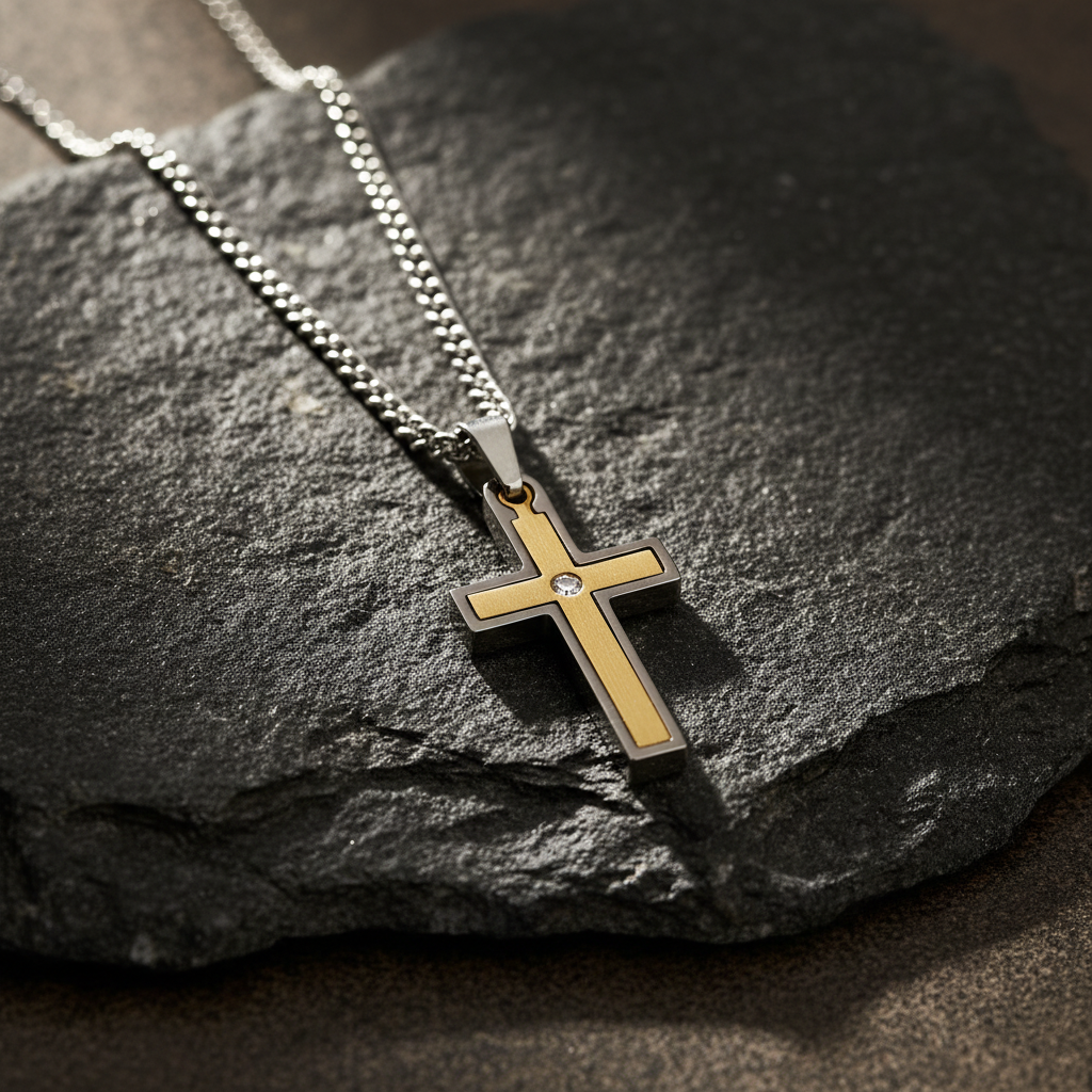 Ανδρικός Σταυρός Ατσάλι με Επιχρύσωμα - Διπλής Όψης με Swarovski