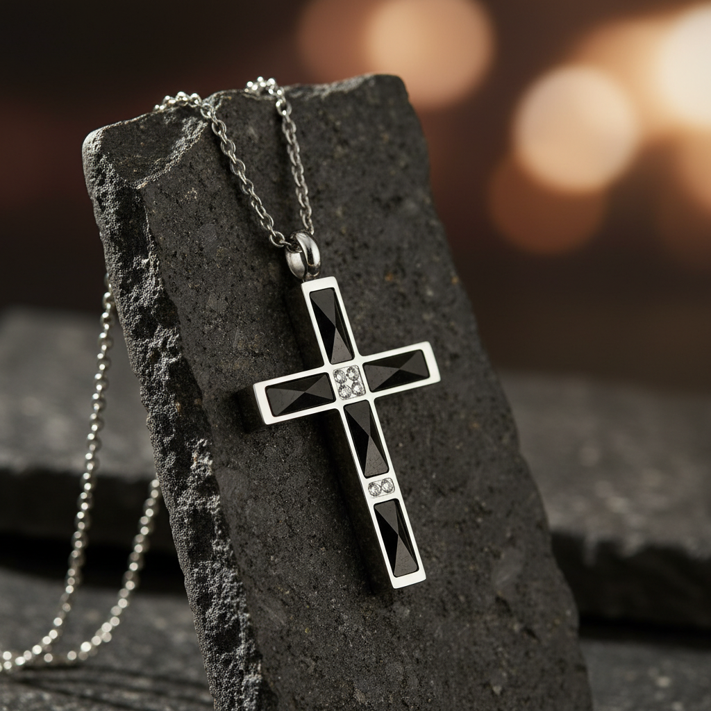 Ανδρικός Σταυρός Ατσάλι με Μαύρες Πέτρες και Στρας - Μεγάλο Μέγεθος