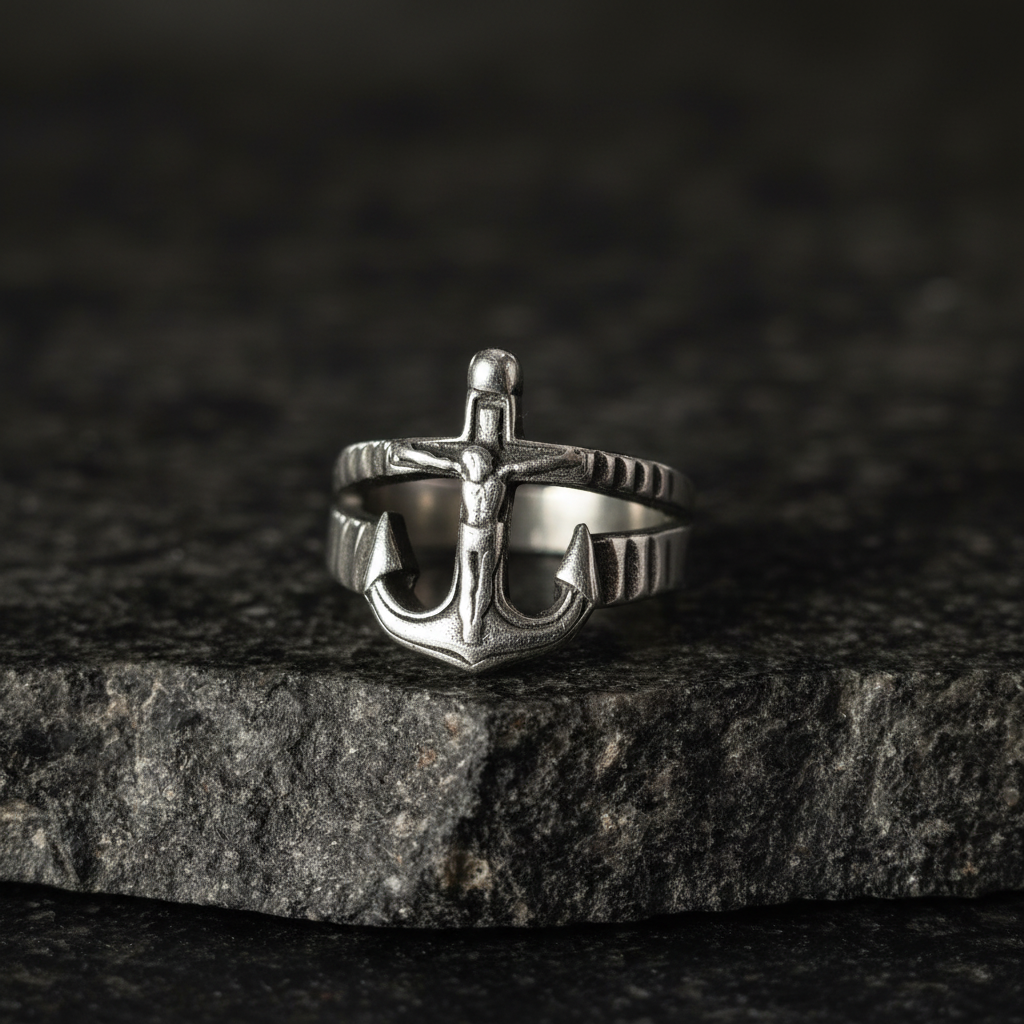 Ανδρικό Δαχτυλίδι Ατσάλι με Σταυρωμένο Ορφέα και Άγκυρα - Ορφικό Σύμβολο
