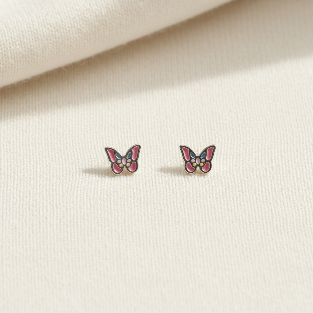 Παιδικά Σκουλαρίκια Ασήμι 925 Επιπλατινωμένα - Πεταλούδες Ροζ με Σμάλτο