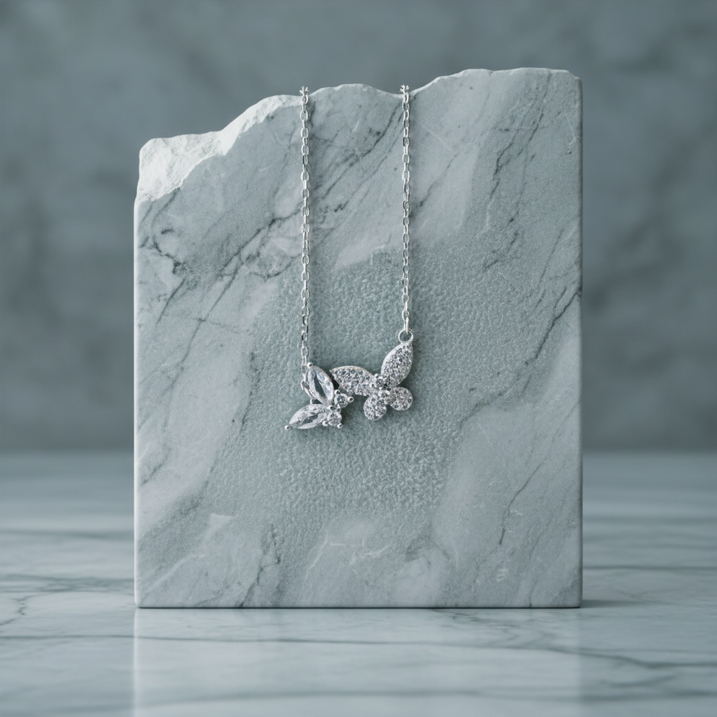 925 Sterling Silver Butterfly Necklace with Zirconia - Platinum Plated