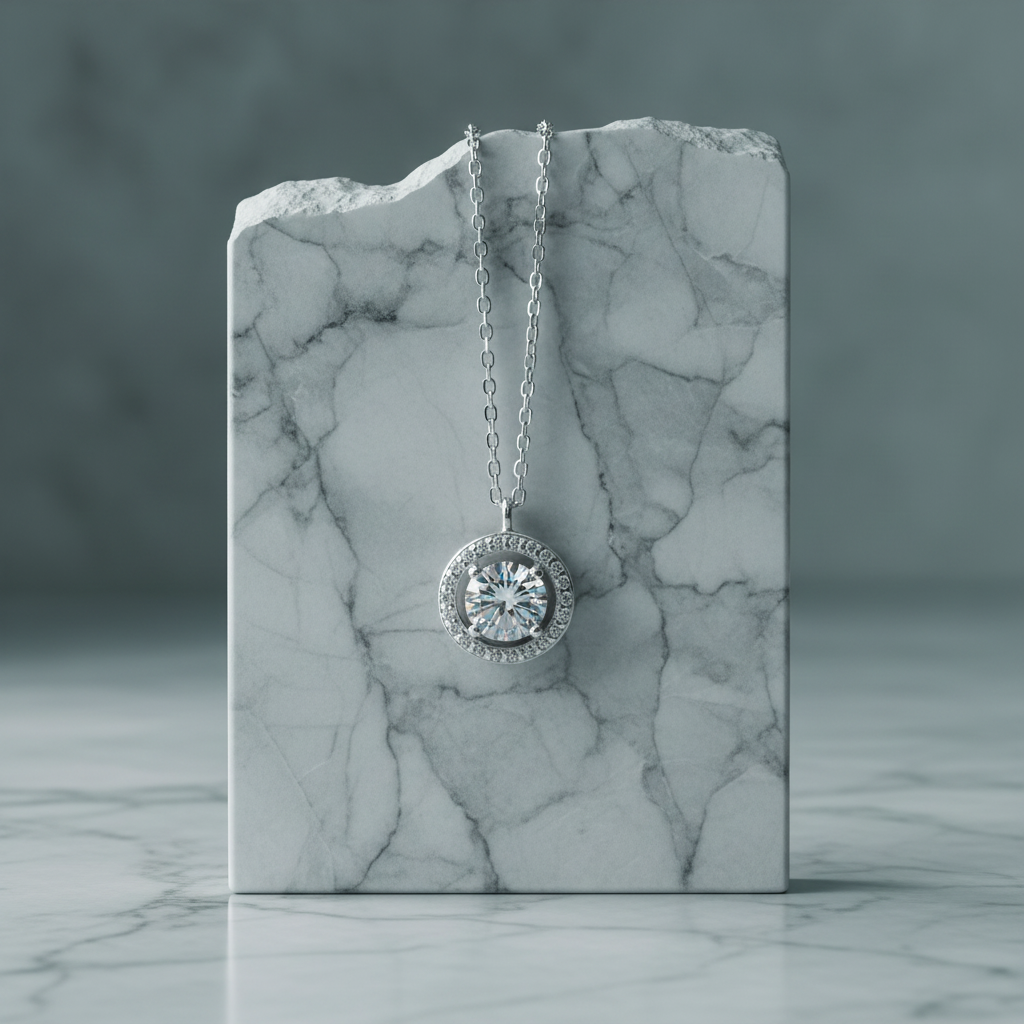 925 Sterling Silver Round Halo Necklace with Zirconia - Platinum Plated