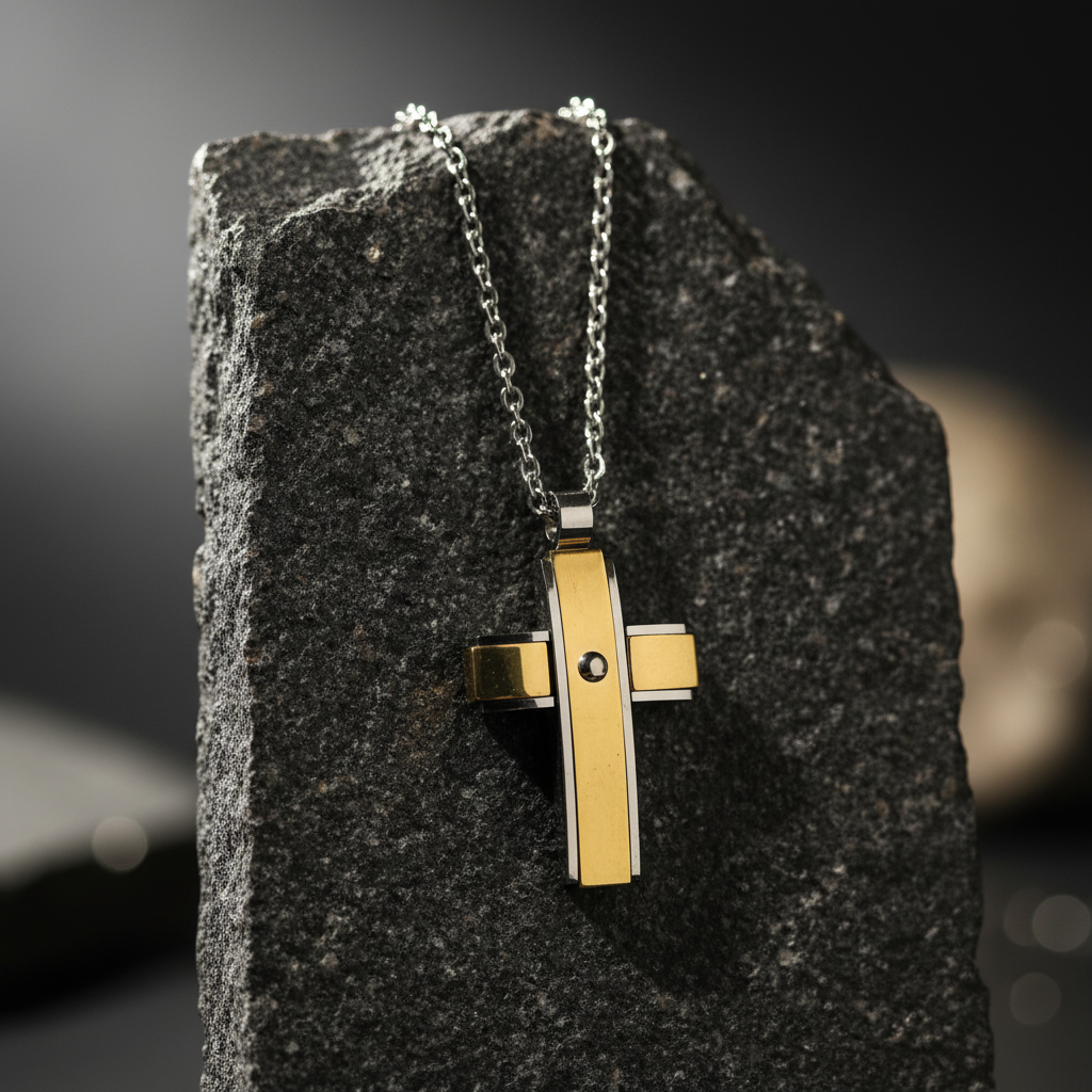 Ανδρικός Σταυρός Ατσάλι με Επιχρύσωμα Visetti - Διπλό Χρώμα Silver & Gold