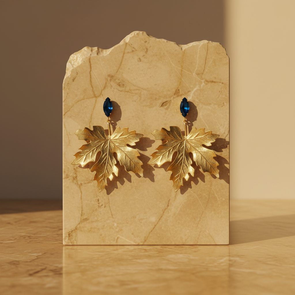 Premium Gold-Plated Maple Leaf Earrings with Blue Montana Swarovski Crystal
