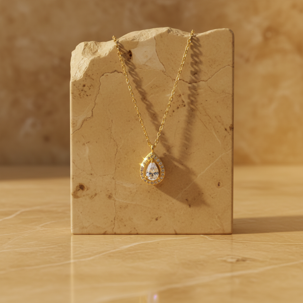 Gold-Plated 925 Sterling Silver Teardrop Halo Necklace with Zirconia