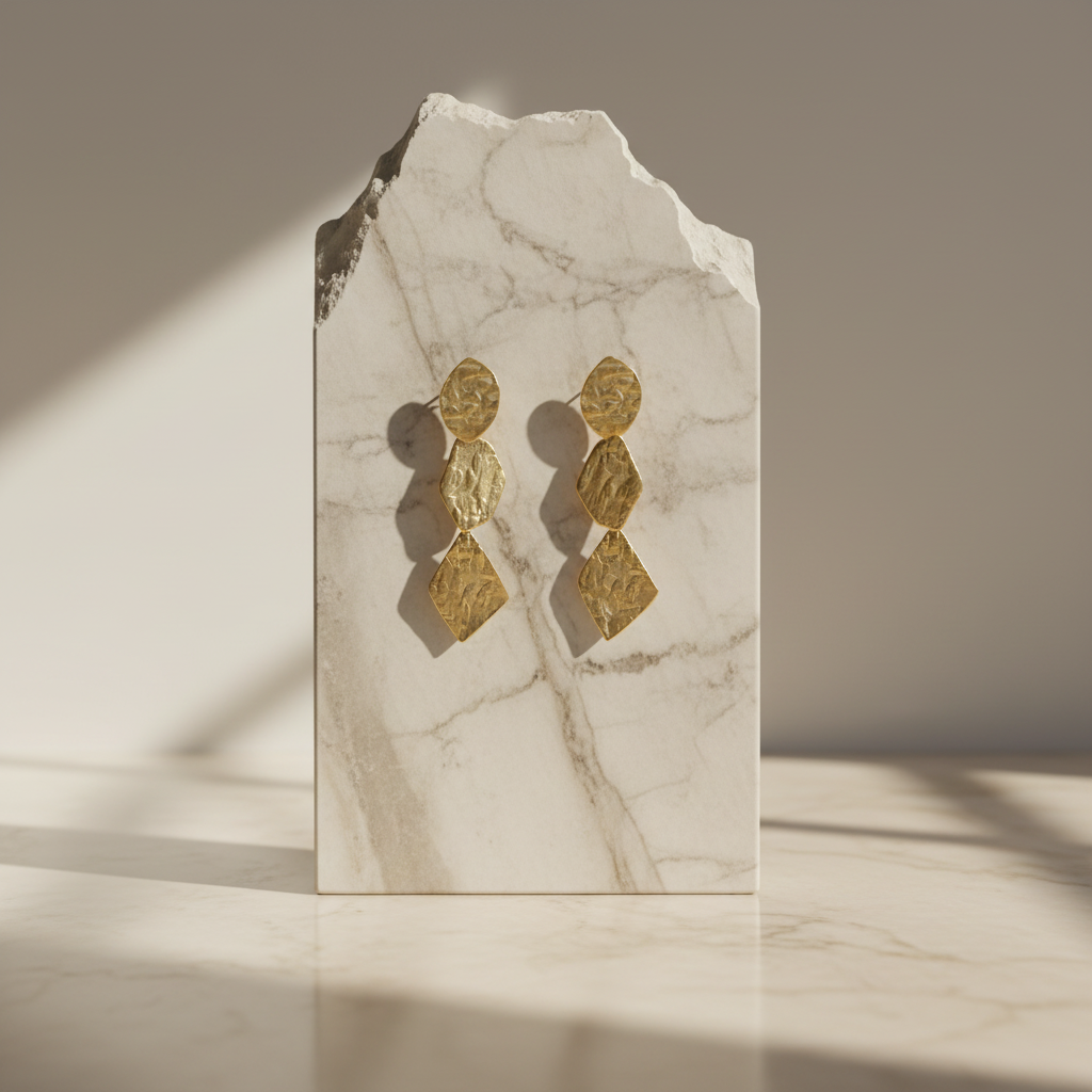 Hammered Gold Geometric Earrings - On Marble Floor