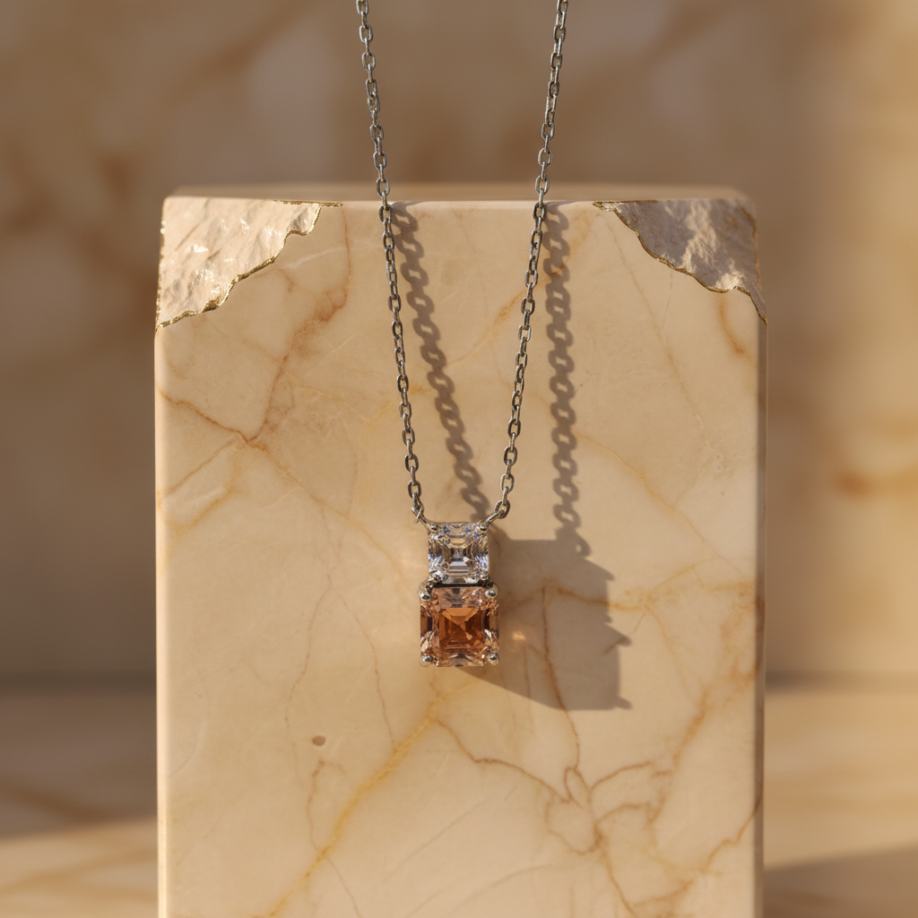 Silver 925 Platinum-Plated Double Stone Necklace with Honey Zirconia