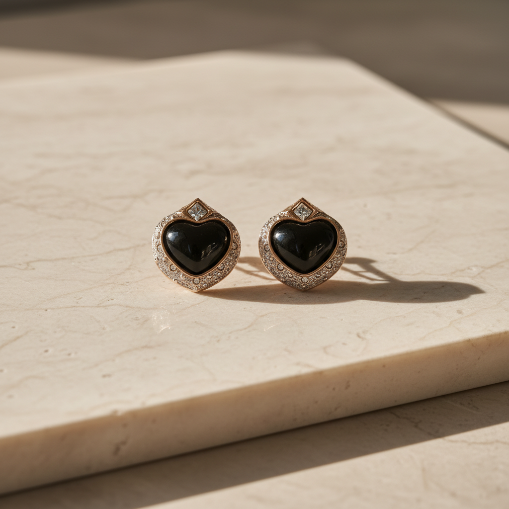 Old Money Heart Earrings - Onyx, Marcasite & Swarovski Elements (Premium Gold Plated)