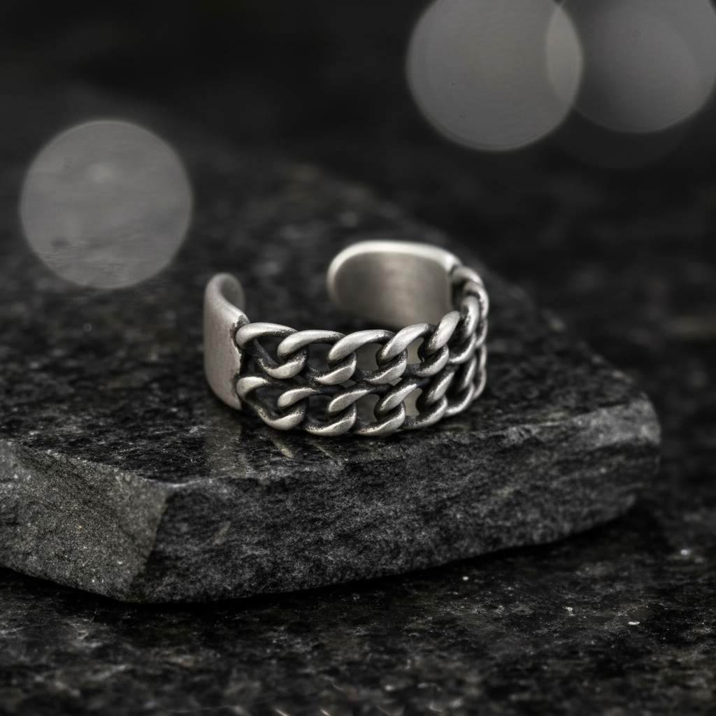 Ανδρικό Δαχτυλίδι Ατσάλι Visetti με Διπλή Αλυσίδα - Ρυθμιζόμενο Mat Vintage