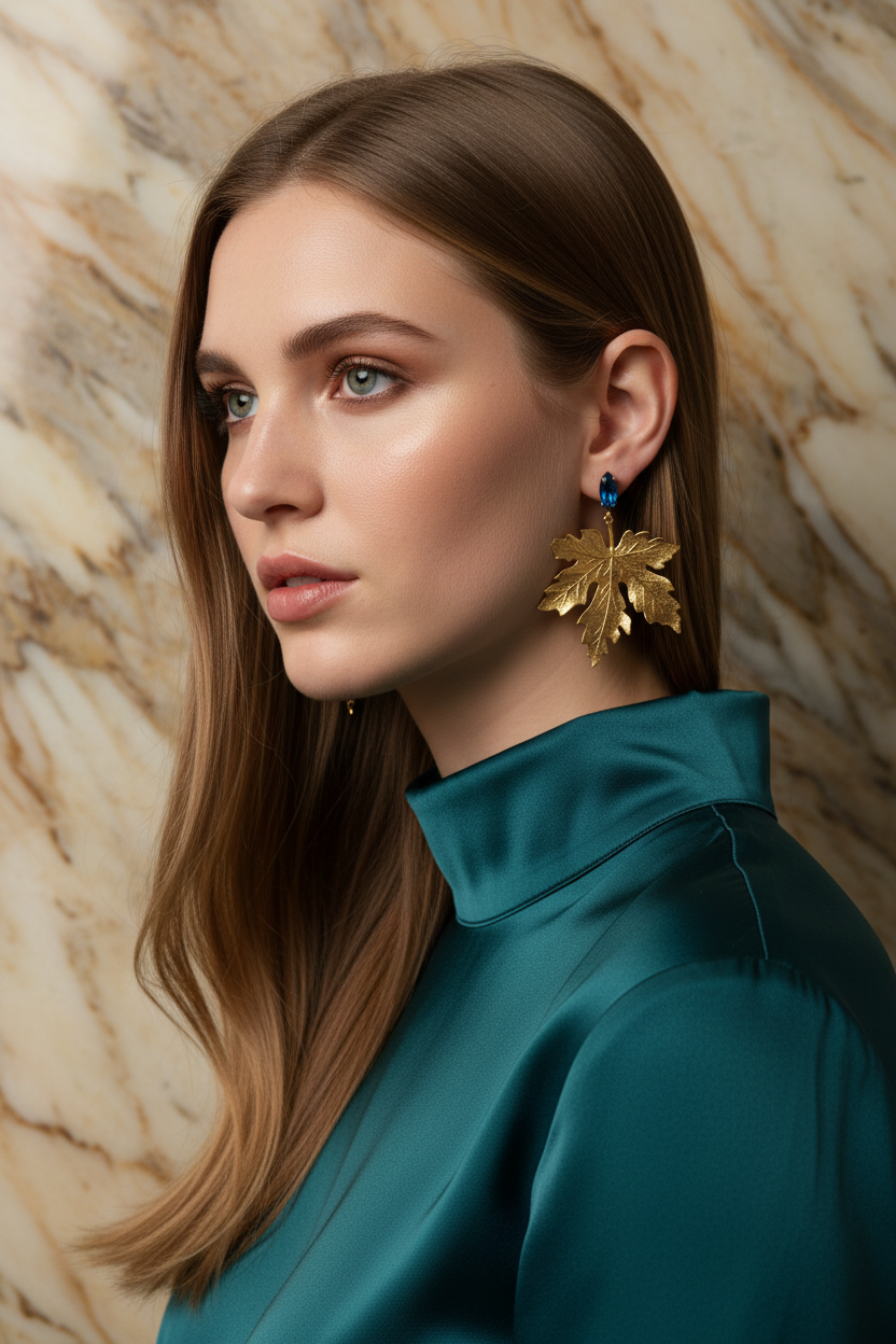 Model Wearing Gold Maple Leaf Earrings - Perfect Scale