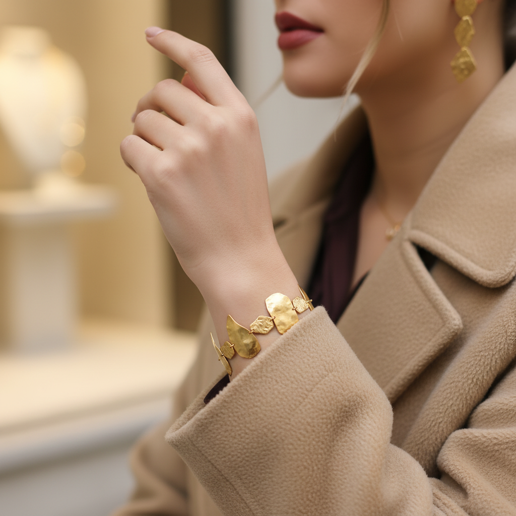 Model Wearing Gold Organic Hammered Bracelet - Close-Up