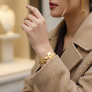 Model Wearing Gold Organic Hammered Bracelet - Close-Up