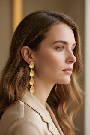 Model Wearing Gold Teardrop Cascade Earrings - Photorealistic