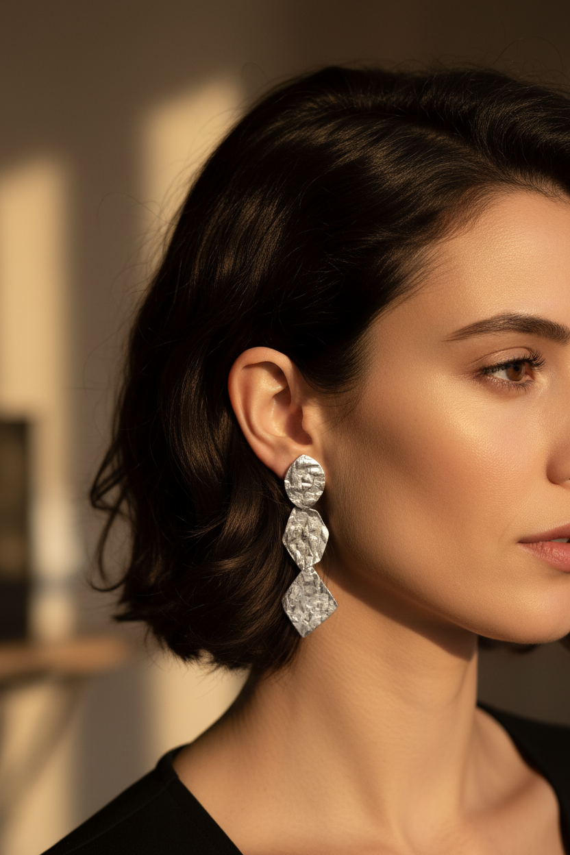 Parisian Woman Wearing Silver Geometric Earrings - Correct Scale