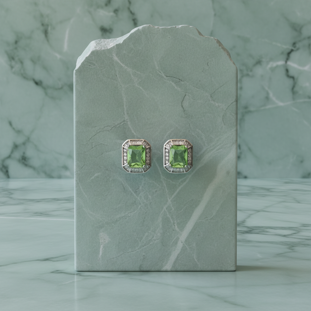 Silver 925 Platinum-Plated Octagonal Earrings with Green Zirconia