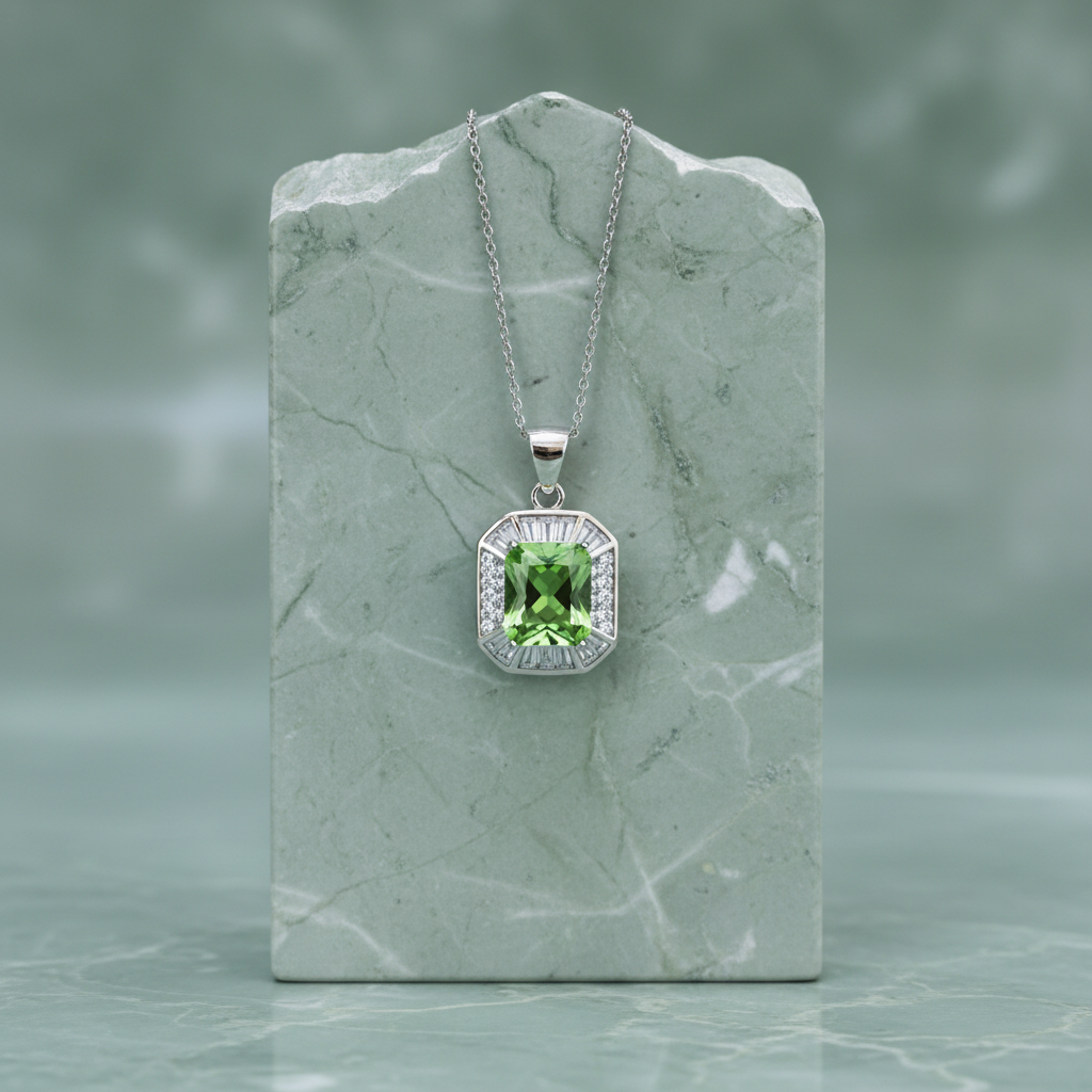 Silver 925 Platinum-Plated Octagonal Necklace with Green Zirconia