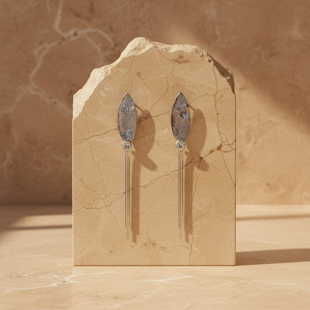 Silver Leaf Earrings with Swarovski Crystal & Chain Tassels