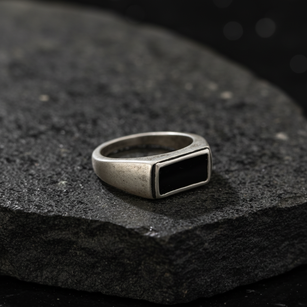 Ανδρικό Δαχτυλίδι Ατσάλι Visetti με Μαύρη Πέτρα - Vintage Mat Φινίρισμα